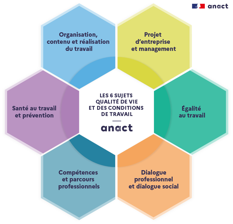 Les 6 sujets de la qualité de vie et des conditions de travail - source ANACT